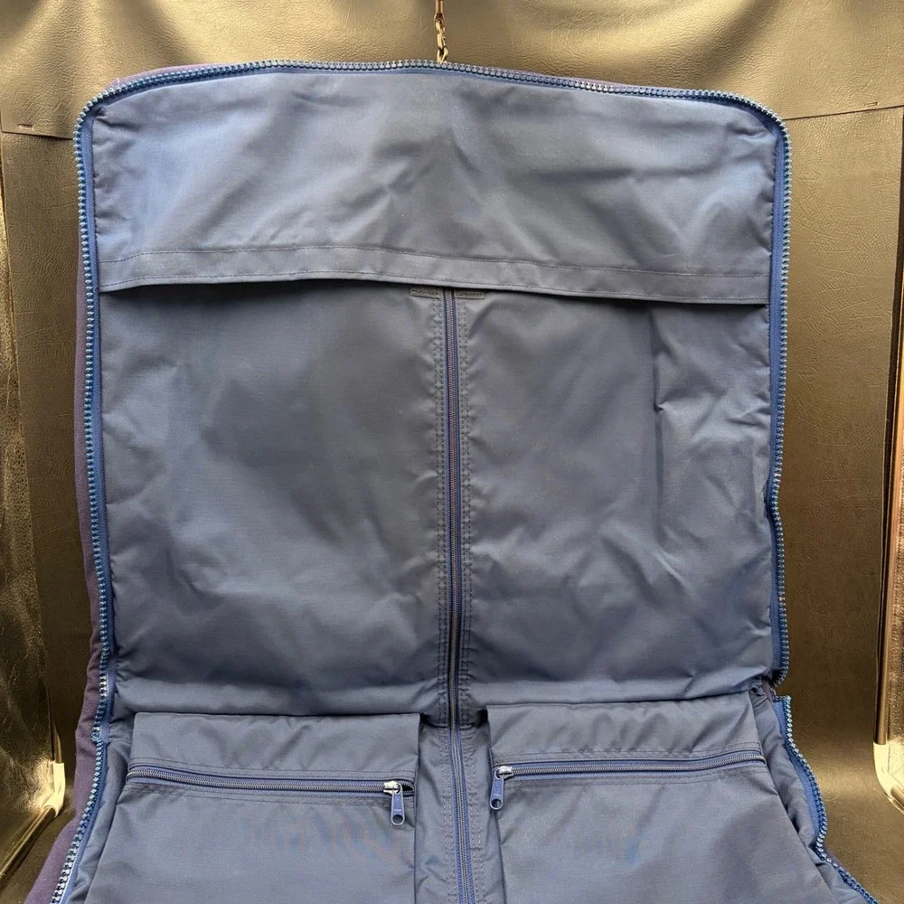 Vintage Lands End Deluxe Square Rigger Navy Canvas Leather Trim Garment Bag